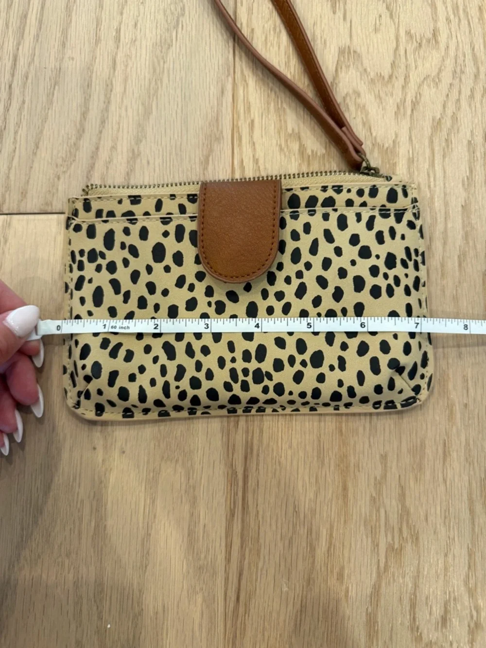 NWOT Leopard Print Wristlet Clutch in Cream and Black with Brown Trim